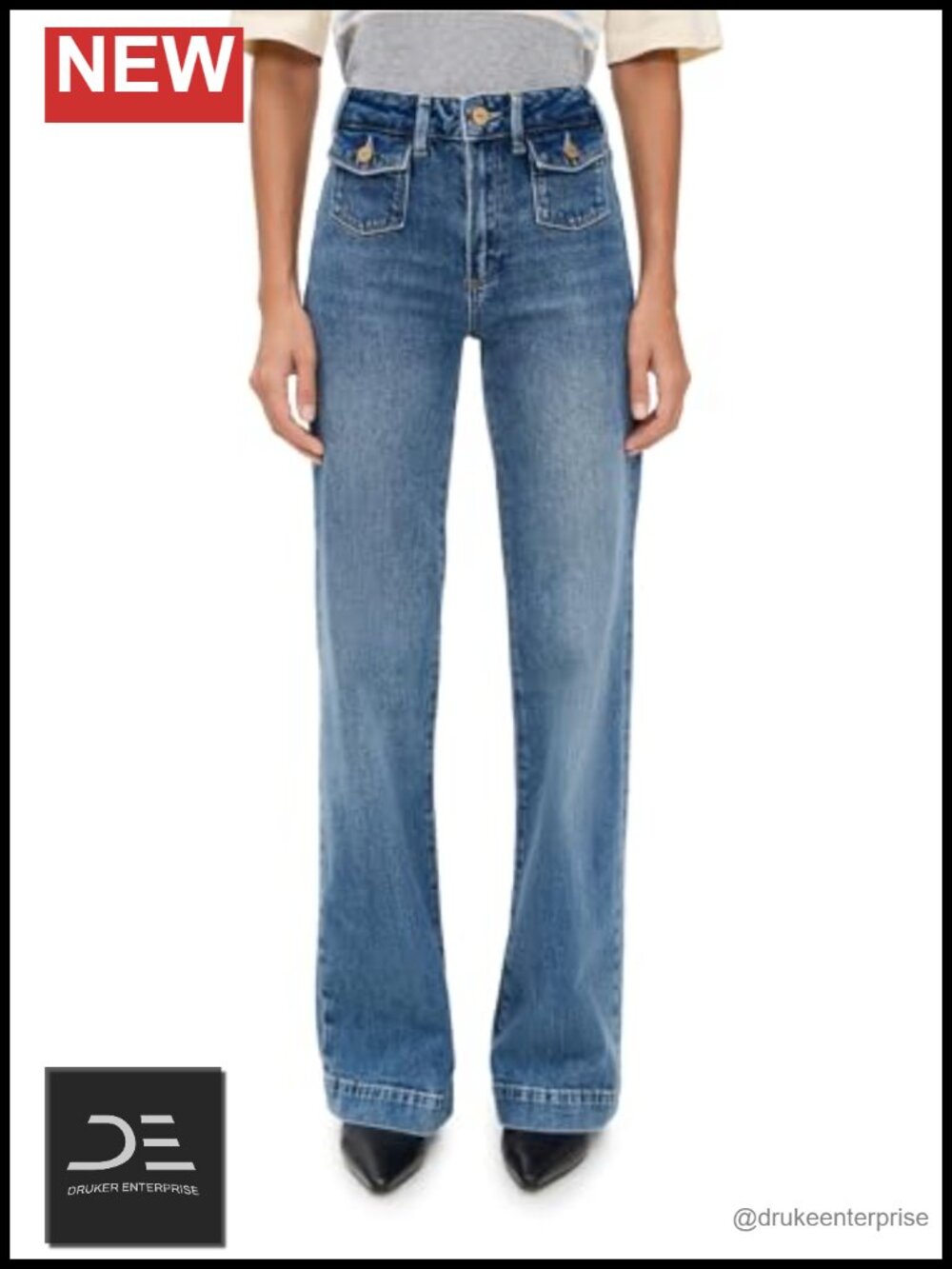 High Rise Straight Leg Jeans with Flap Pockets